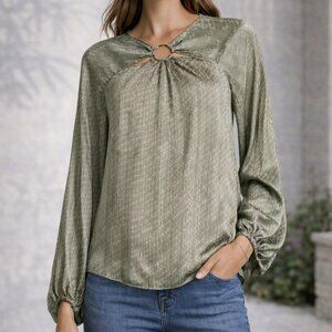 Bailey 44 Rosemary Green Abstract O-ring Blouson Sleeve Blouse Top SZ Medium Y2K